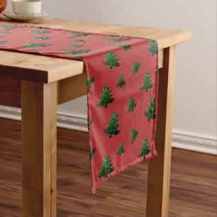 Sparkly Christmas tree green sparkles pattern red Long Table Runner