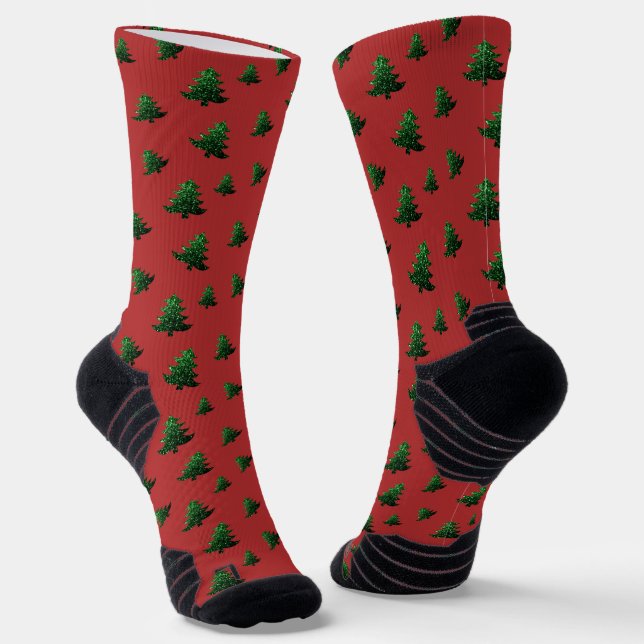 Sparkly Christmas tree green sparkles red pattern Socks (Angled)