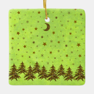 Sparkly Christmas tree, stars on abstract paper Ceramic Ornament