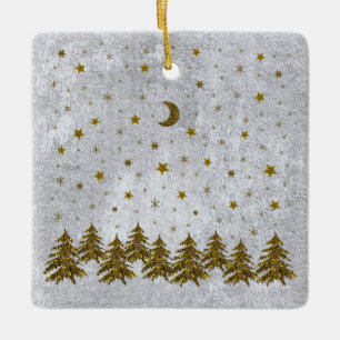 Sparkly Christmas tree, stars on abstract paper Ceramic Ornament