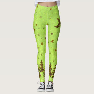 Sparkly Christmas tree, stars on abstract paper Leggings