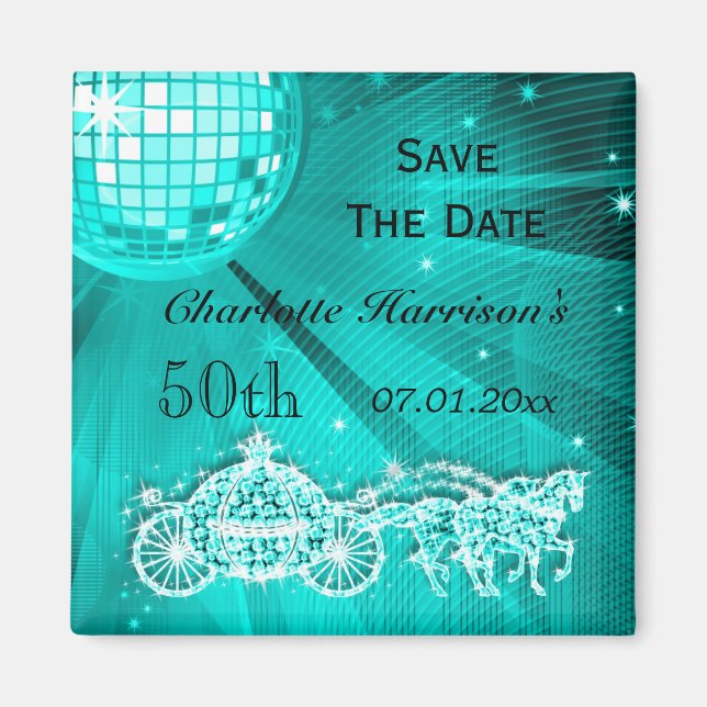 Sparkly Coach & Horses 50th Birthday Save The Date Magnet (Front)
