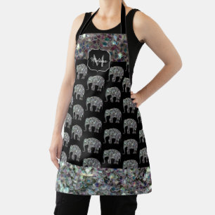 Sparkly colorful silver mosaic Elephant Monogram Apron