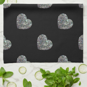 Sparkly colourful silver mosaic Hearts pattern Kitchen Towel