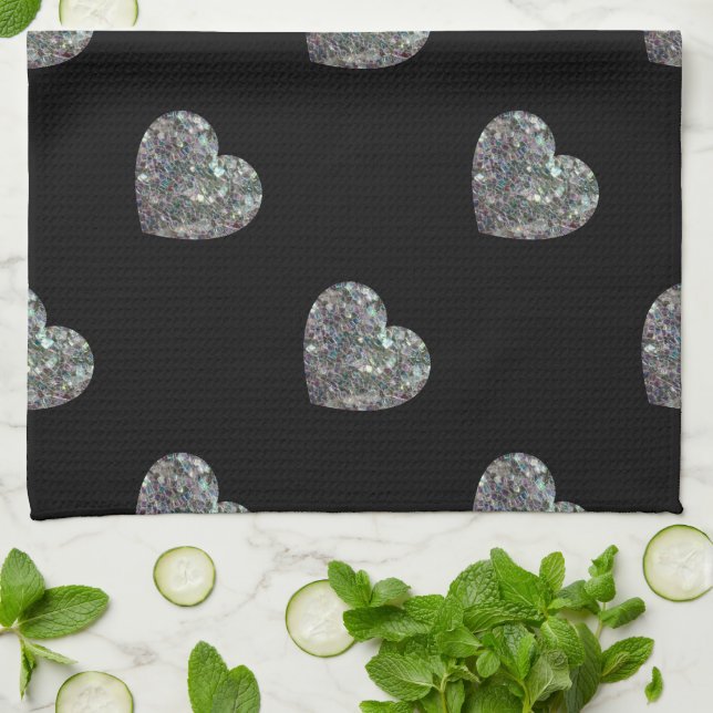 Sparkly colourful silver mosaic Hearts pattern Kitchen Towel (Folded)