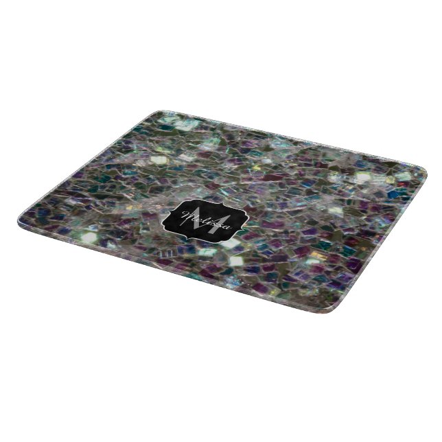 Sparkly colourful silver mosaic Monogram Cutting Board (Corner)