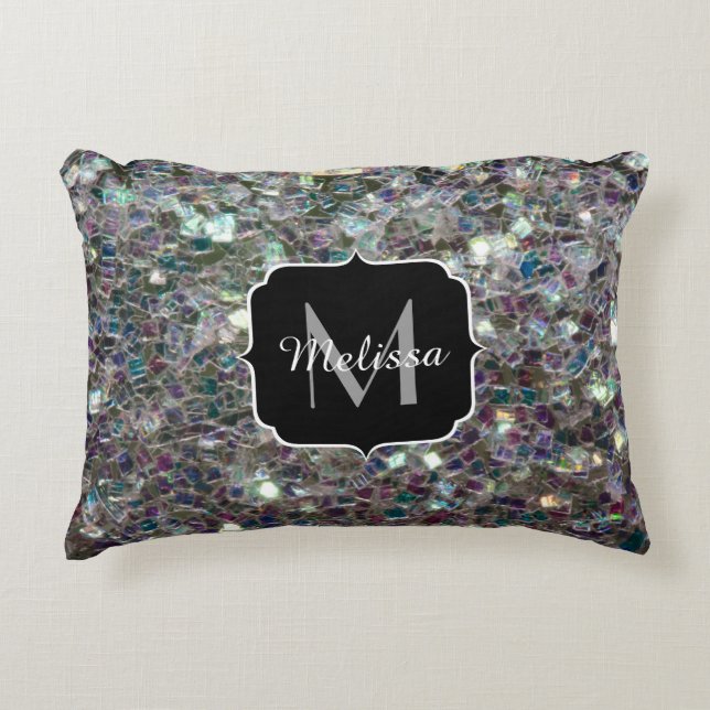 Sparkly colourful silver mosaic Monogram Decorative Pillow (Front)