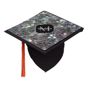 Sparkly colourful silver mosaic Monogram Graduation Cap Topper