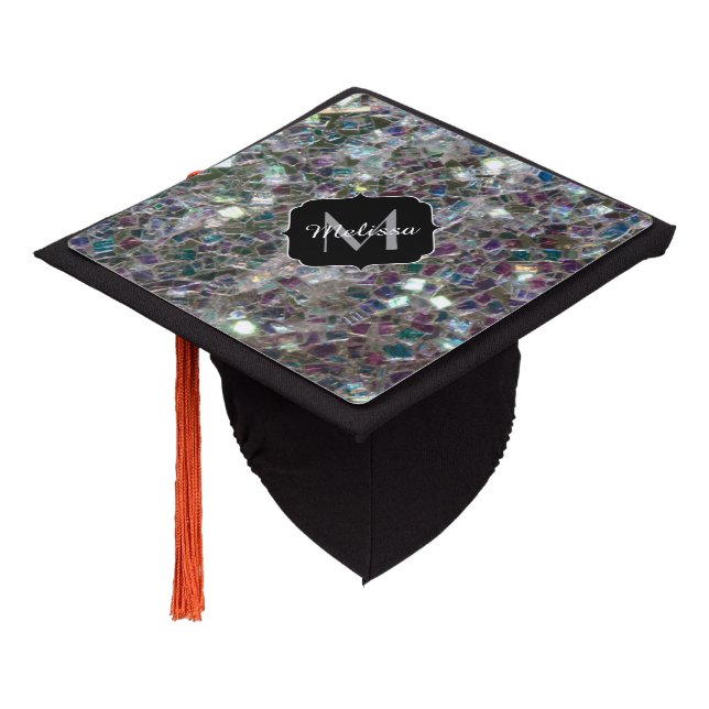 Sparkly colourful silver mosaic Monogram Graduation Cap Topper (Angled)