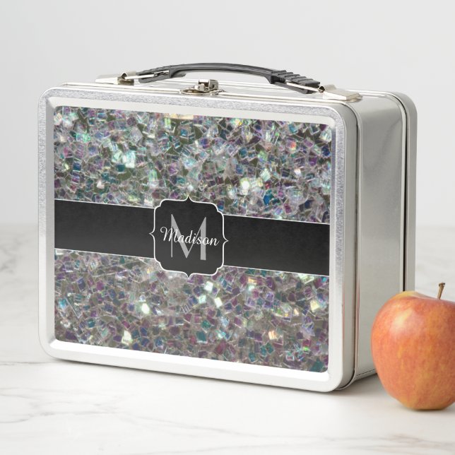 Sparkly colourful silver mosaic Monogram Metal Lunch Box (In Situ)