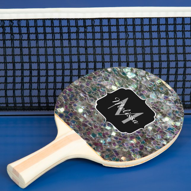 Sparkly colourful silver mosaic Monogram Ping Pong Paddle (Insitu)