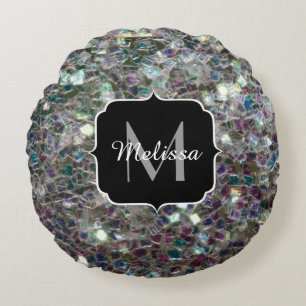 Sparkly colourful silver mosaic Monogram Round Pillow
