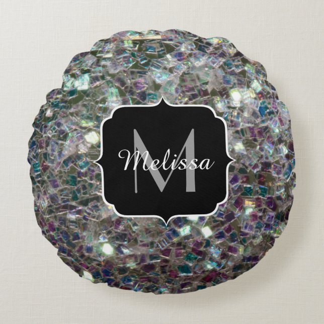 Sparkly colourful silver mosaic Monogram Round Pillow (Front)