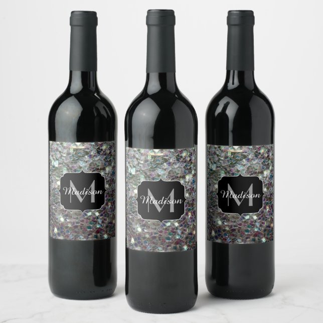 Sparkly colourful silver mosaic Monogram Wine Label (Bottles)