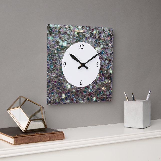Sparkly colourful silver mosaic with numbers square wall clock (Office)