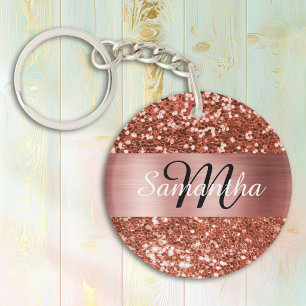 Sparkly Copper Glitter Rose Gold Foil Monogram Keychain
