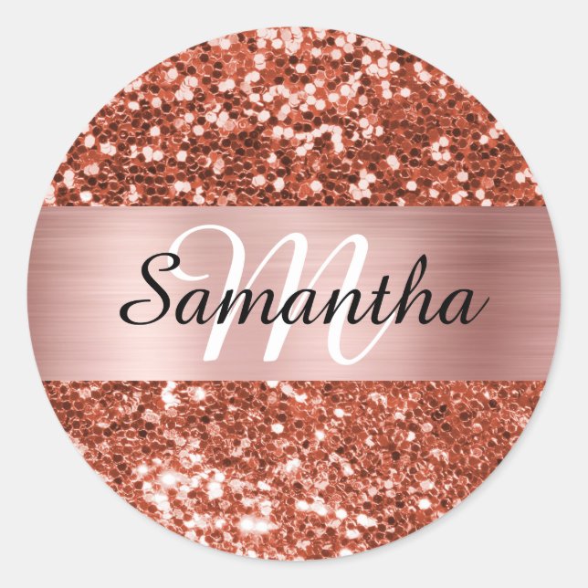 Sparkly Copper Glitter Rose Gold Shimmer Monogram Classic Round Sticker (Front)