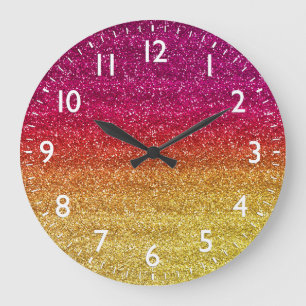 Sparkly Dark Pink & Yellow Gradient Glitter Large Clock