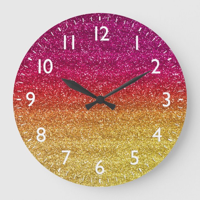 Sparkly Dark Pink & Yellow Gradient Glitter Large Clock (Front)