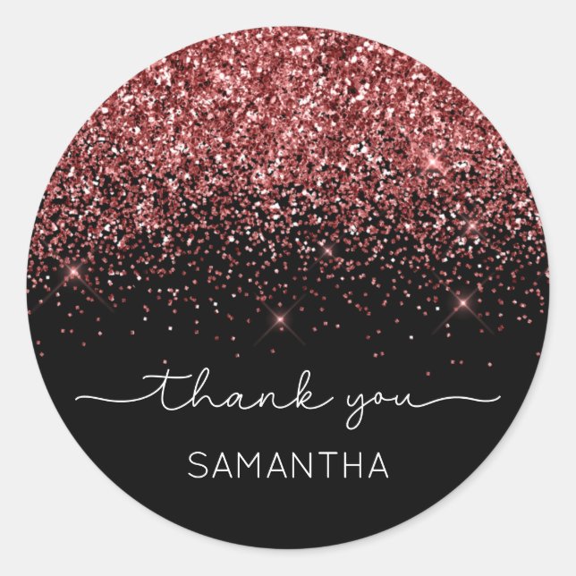 Sparkly Dark Red Glitter Black Name Thank You Classic Round Sticker (Front)