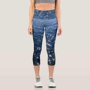 Sparkly Deep Blue Sea Waves Capri Leggings