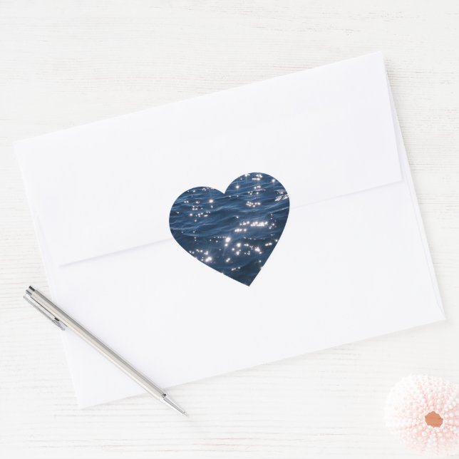 Sparkly Deep Blue Sea Waves Heart Sticker (Envelope)