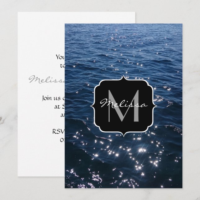 Sparkly Deep Blue Sea Waves Monogram Invitation (Front/Back)