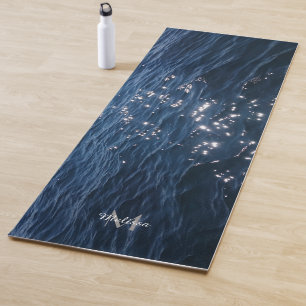 Sparkly Deep Blue Sea Waves Monogram Yoga Mat
