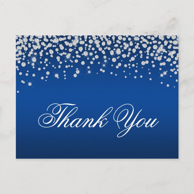 Sparkly Diamond Confetti Deep Blue Ombre Thank You Postcard (Front)