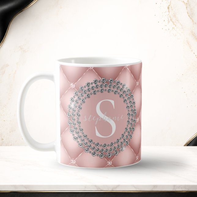 Sparkly Diamonds Blush Pink Monogram Custom Coffee Mug (Blush Pink Monogram Sparkly Diamonds Tufted Custom Coffee Mug)
