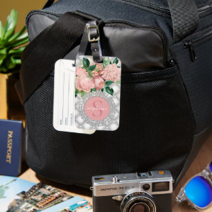 Sparkly Diamonds Pink Roses Monogram  Luggage Tag