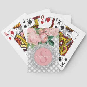 Sparkly Diamonds Pink Roses Monogram Playing Cards