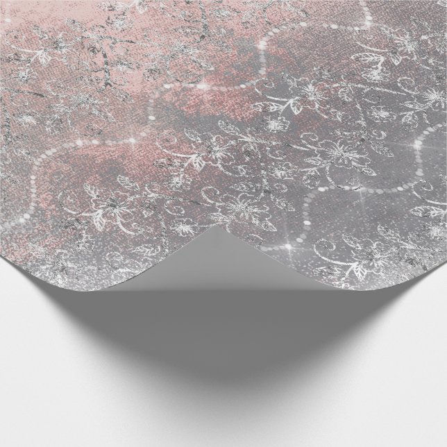 Sparkly Diamonds Silver Floral Pink Grey Brush Wrapping Paper (Corner)