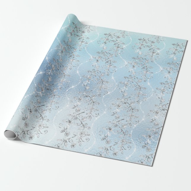Sparkly Diamonds Silver Grey Blue White Glass Wrapping Paper (Unrolled)