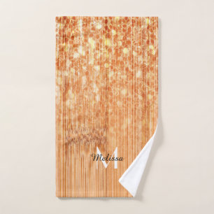 Sparkly elegant orange bamboo wood print Monogram Bath Towel Set