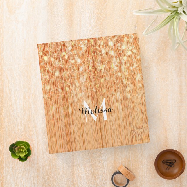Sparkly elegant orange bamboo wood print Monogram Binder (In Situ)