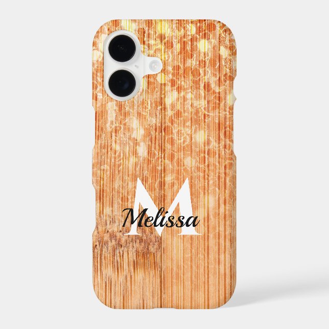 Sparkly elegant orange bamboo wood print Monogram iPhone Case (Back)
