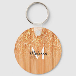 Sparkly elegant orange bamboo wood print Monogram Keychain