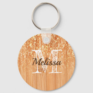 Sparkly elegant orange bamboo wood print Monogram Keychain