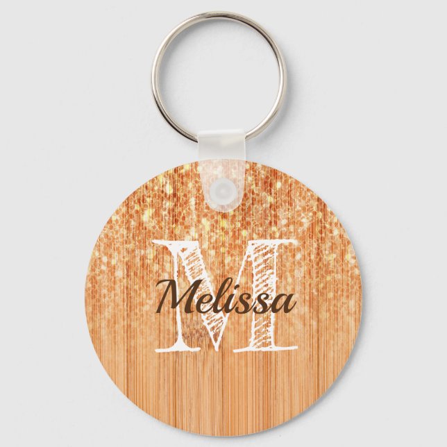 Sparkly elegant orange bamboo wood print Monogram Keychain (Front)