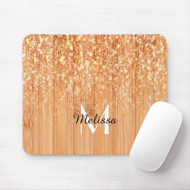 Sparkly elegant orange bamboo wood print Monogram Mouse Pad (With Mouse)