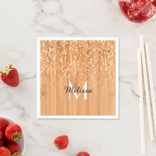Sparkly elegant orange bamboo wood print Monogram Napkin (Insitu)