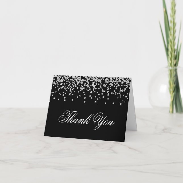 Sparkly Faux Diamonds Black Thank You Card (Front)