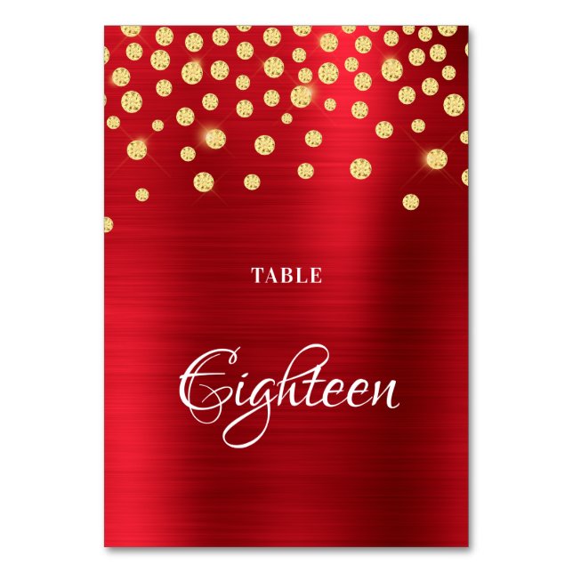 Sparkly Faux Gold Diamonds Red Satin Foil Table Number (Front)