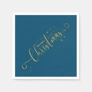 Sparkly Faux Gold Flake Merry Christmas on Blue  Napkin