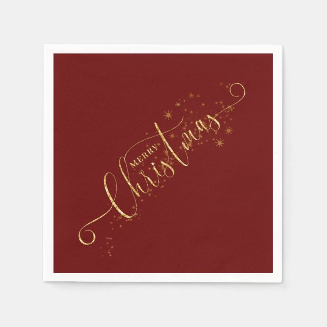 Sparkly Faux Gold Flake Merry Christmas on Red Napkin (Front)
