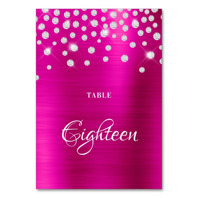 Sparkly Faux Silver Diamonds Hot Pink Satin Foil Table Number (Front)