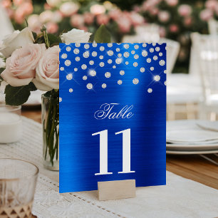 Sparkly Faux Silver Diamonds Royal Blue Satin Foil Table Number