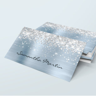 Sparkly Faux Silver Glitter Light Blue Foil Business Card