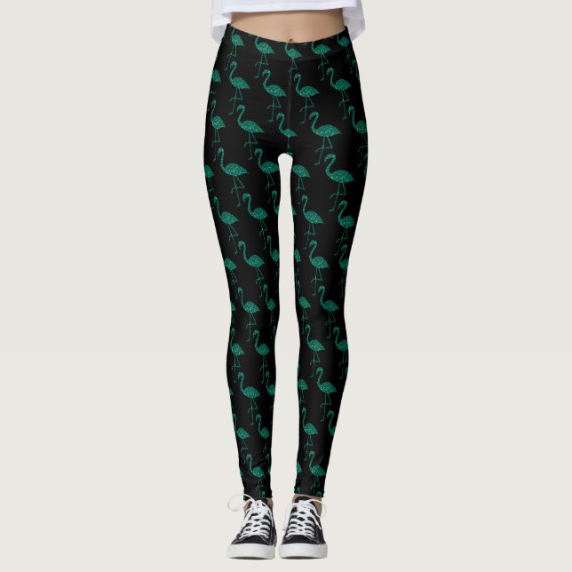 Sparkly flamingo Emerald glitter pattern black Leggings (Front)